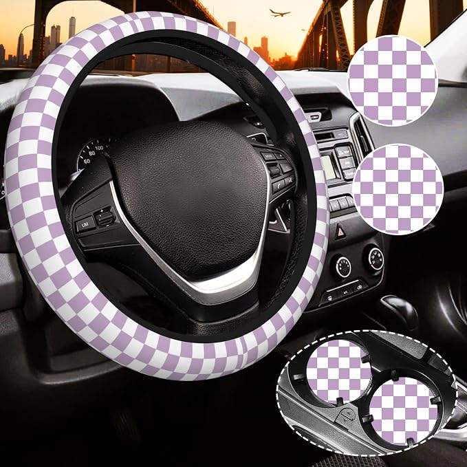 Light Purple Checkered Steering Wheel Cover for Women, Steering Wheel Covers with Anti-Slip Lining, Universal 14.5-15 inchs Car Interior Accessories with 2PCS Car Coasters Suitable for Men and Women