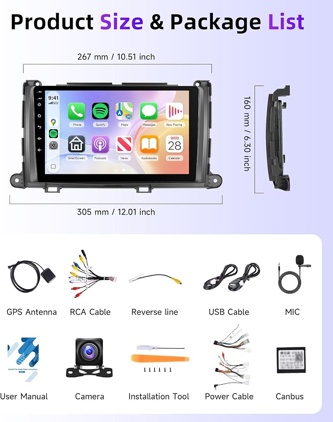 5Ghz WiFi Car Stereo Radio for Toyota Sienna 2011-2014 Support Wireless Carplay Android Auto 9'' HD 1080P Touchscreen with Android 15 GPS Navigation EQ AHD Backup Camera FM/RDS Radio SWC 2G+64G