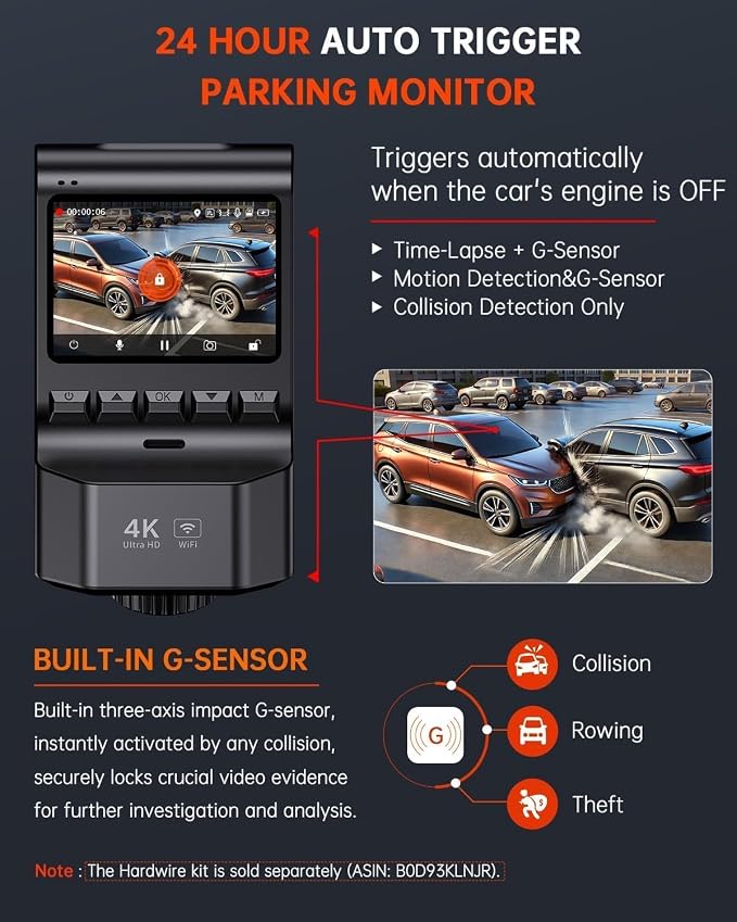 4K+1080P Dash Cam Front and Rear, Built-in WiFi GPS, 32GB SD Card Included | 2.0" IPS Screen, App Controls, Night Vision, 170° Wide Angle, G-Sensor Lock, Loop Recording, 24H Parking Mode, Quick Install