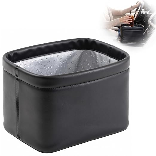 Leather Car Trash Can, Waterproof Leakproof Car Garbage Bin with Structured Base, Collapsible PU Auto Organizer for Front/Back Seat, Auto Accessories for SUV Truck Travel
