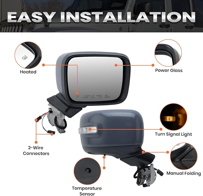 Right Passenger Side Mirror Compatible with Jeep Renegade 2015 2016 2017 2018 2019 2020 2021 2022 2023 Door Mirrors Power Heated with Signal Light Temperature Sensor Prime Paintable (7+2 pins)