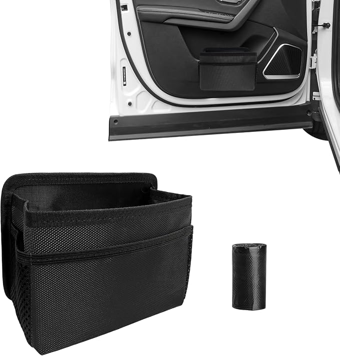 Car Trash Can, Foldable Multi-Pocket Design Auto Hanging Storage Container with Garbage Bags, Multifunctional Mini Oxford Storage Bag Garbage Holder for Cars SUVs Trucks (Black)