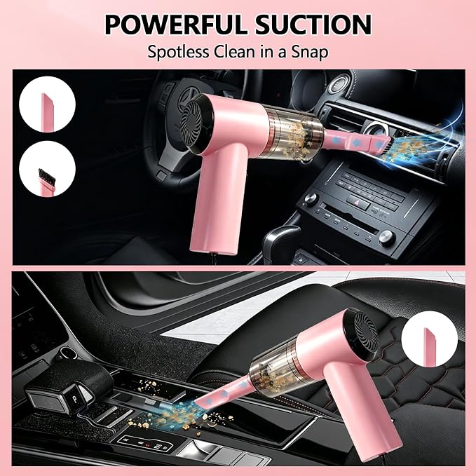 High Powerful Car Vacuum Cleaner - Powerful Suction Portable Handheld Vacuum with Washable Filter, Low Noise, 12V Auto Accessories Kit for Interior Detailing - Pink