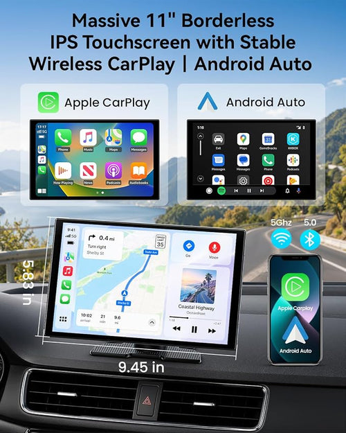 11'' Wireless CarPlay & Android Auto Screen for Car, Full Laminated HD Touchscreen, 4K Dash Cam, 1080P Rear Camera, 5GHz WiFi, Bluetooth 5.0, FM/AUX, Phone Mirroring, Voice Control, 64GB Card Included