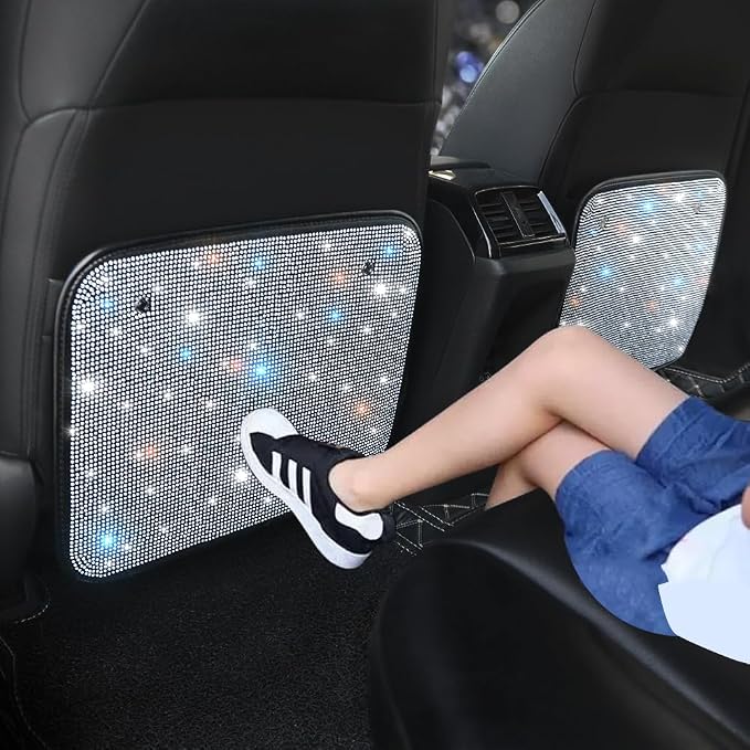 Bling Rhinestone Kick Mats Back Seat Protectors - Premium Car Seat Back Protector with Crystal Diamonds, Fits Most Cars - Stylish Car Interior Decor Accessories for Women & Girls White 2Pcs