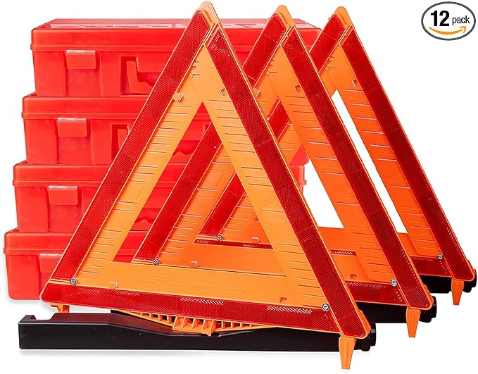 12PK DOT Warning Triangles with Empty Base & Storage Case | No pre-filled sand, fill sand yourself for stability, high visibility reflectors meet US FMVSS 571.125 safety specs