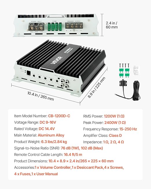 1200W RMS Class D Monoblock Amp, 1/2/4 Ohm Stable with Remote Subwoofer Level Control, Bass Boost & Phase Shift - Mono Car Amplifier for Subwoofer