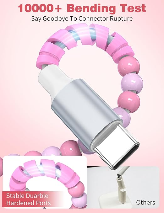 USB A to USB C Cable 6FT,Beaded Charger Cord for iPhone 17 16 Pro Max 16e 15 Car play,Type C Cute Car Charger Cord for iPad 10 11th A16/Samsung S26 S25 S24 S23/Pixel/Android Phone Girls Women,LinkPink