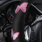 Pink Embroidery Butterfly Steering Wheel Cover, Universal 15 Inch Car Wheel Cover for Women Girls, Fit for Suvs,Small Trucks,Sedans,Cars (Black and Pink)