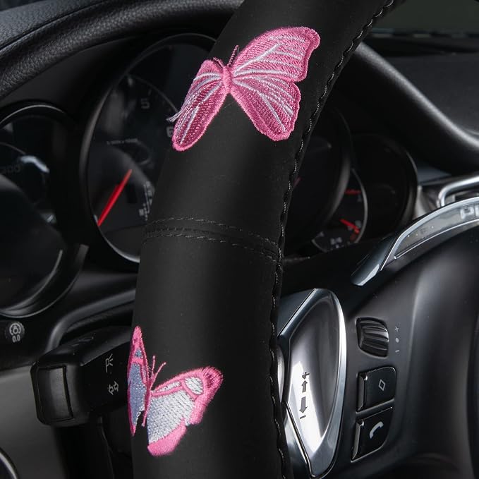 Pink Embroidery Butterfly Steering Wheel Cover, Universal 15 Inch Car Wheel Cover for Women Girls, Fit for Suvs,Small Trucks,Sedans,Cars (Black and Pink)