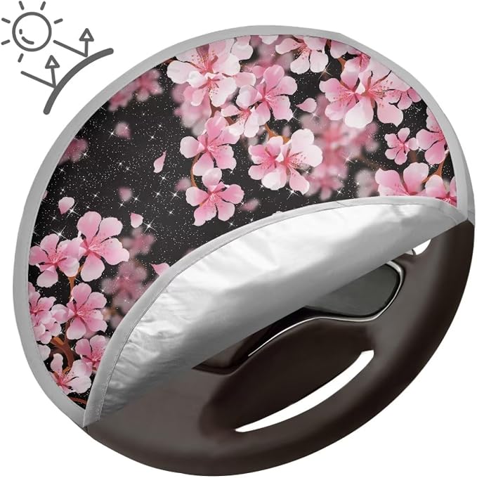 Pink Cherry Blossom Steering Wheel Cover Sun Shade 17 inch Cooling Steering Wheel Cover for Summer Anti-Heat Sun Block Car Steering Wheel Accessories for Women Universal Fit