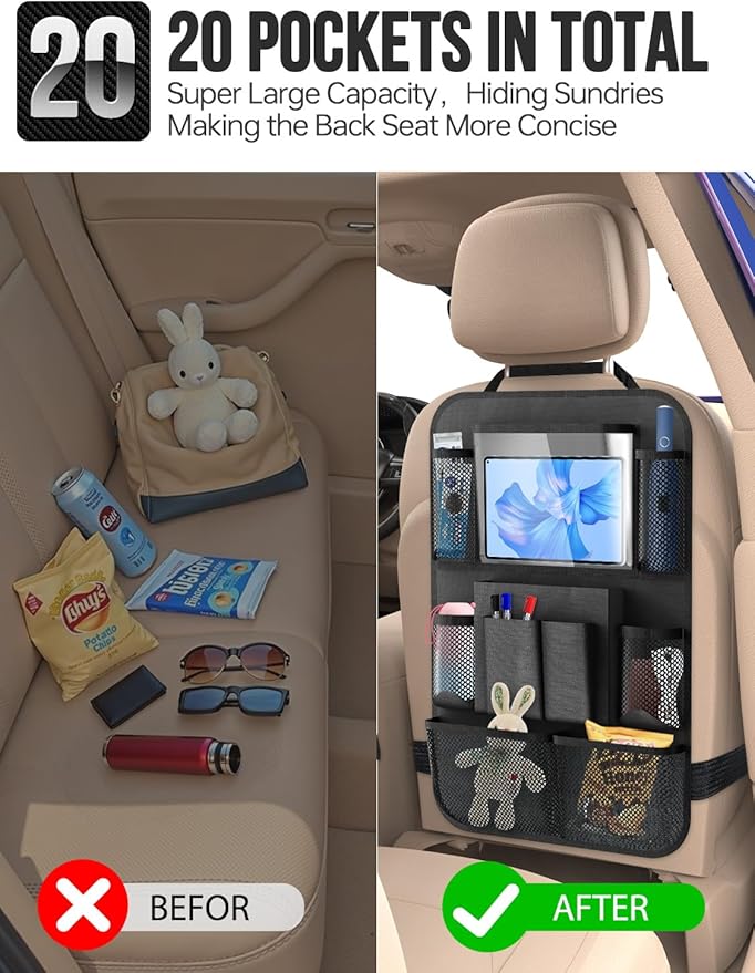 Backseat Car Organizer(20 Storage Pockets),Come with Free 1 Seat Net and 2 Headrest Hook, Touch Screen Tablet Holder, Divider for Driving Safely Children & Pets…, Car Organizer (black)