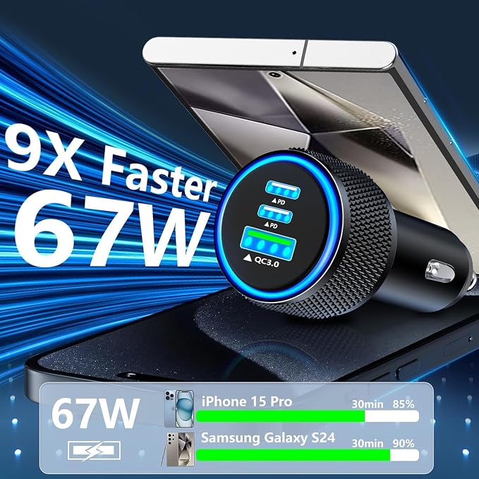 USB C Car Charger for iPhone 17, 2Pack 67W 3-Port USB-C & USB-A Fast Car Charger Cigarette Lighter Fast Charging for iPhone 17/16/15/14/13/12/Pro Max, iPad Pro, Galaxy, Google Pixel, Android