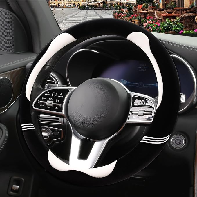 Furry Cute Soft Steering Wheel Cover 15 inch Black with White | Fluffy Short Plush Car Accessories, Non-Slip Cold-Proof Sweat-Proof Colorfast, Universal 14.5 inch to 15 inch