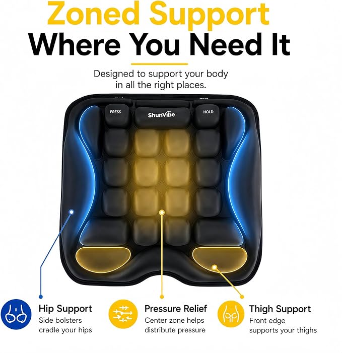 Car Seat Cushion for Long Drives, Pressure Relief Seat Pad with Built-in Pump, Adjustable Air Cell Cushion for Truck Drivers, SUV, Office Chair and Wheelchair