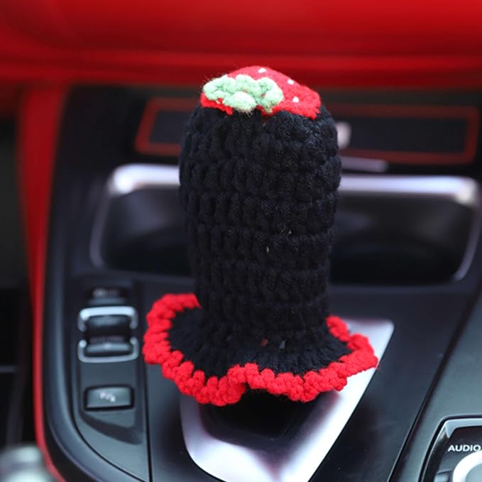 Crochet Steering Wheel Cover Set,Cute Car Steering Wheel Cover Boho 14-15in,Pink Strawberry Granny Square Pattern,Women Car Accessories (Black (Steering+Shift Knob) Cover)