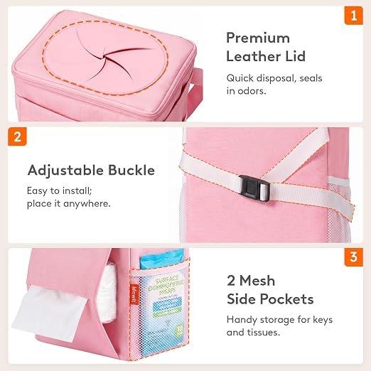 Car Trash Bin, 2 Gallon Leakproof Waterproof Vehicle Garbage Can with Lid & Tissue Holder, Car Interior Organizer for Front/Back/Console, Automotive Accessory, Pink
