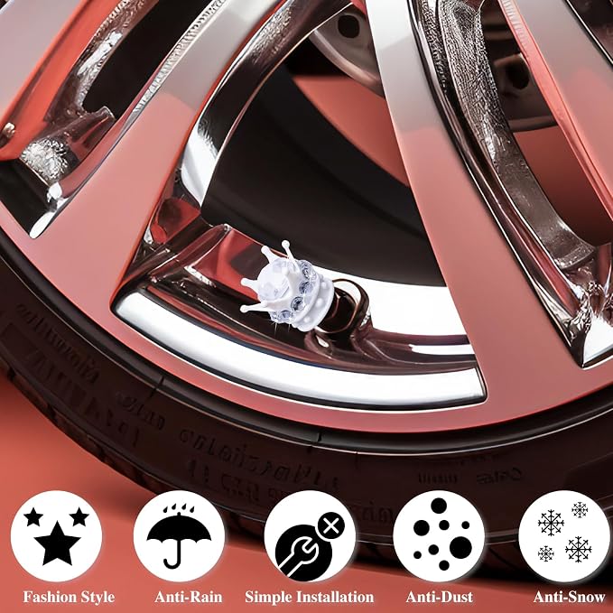 4PCS Crown Bling Tire Stem Valve Caps, Crystal Diamond Car Wheel Tire Valve Caps Universal Copper Core Stem Covers for Cars, SUV, Trucks, Bikes, Motorcycles, Bicycles (White & Silver)