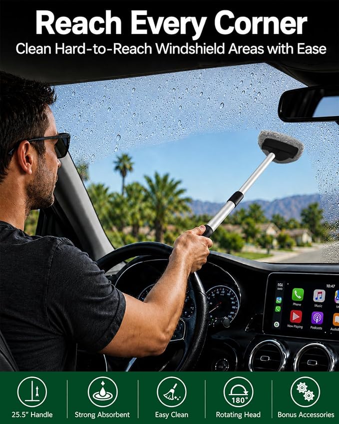 25.5" Extra-Long Reach – Super Absorbent Coral Velvet Windshield Cleaner Tool, Streak-Free Windshield Cleaning Tool Kit with 5 Pads, 2 Spray Bottles & Storage Bag for Auto Glass & Home Windows, Gray