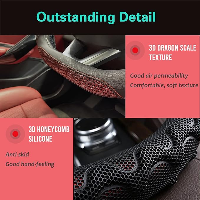 D Shaped 14 Inch Small Sized Steering Wheel Cover Great Grip with 3D Honeycomb Anti-Slip Design, Flat Bottom 14 Inch (Wine Red)