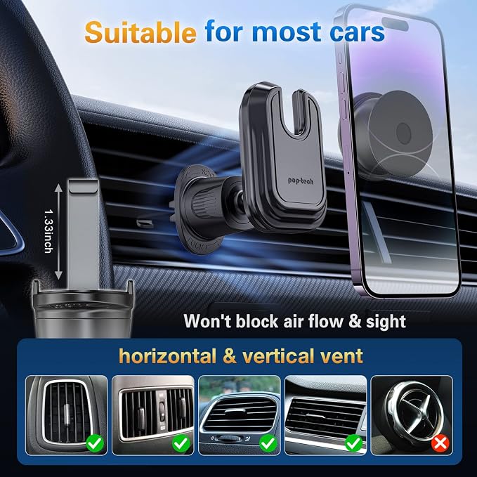 Car Vent Phone Mount for Thick Socket Grip, Air Vent Clip Phone Holder Compatible with Magsafe Wallet Black & iPhone Samsung Card Holder, Cellphone Stand with Sticky Adhesive