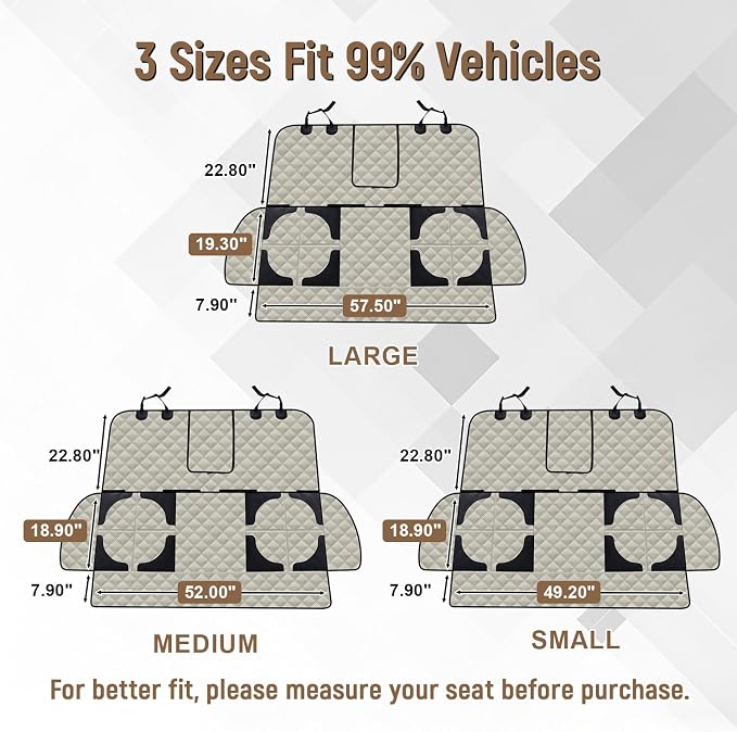 Dog Car Seat Cover for Back Seat, Heavy Duty Nonslip Car Seat Protector for Child Car Seat, Waterproof Bench Seat Cover for Dogs and Kids, Compatible with Armrest, Fits Sedan (Beige)