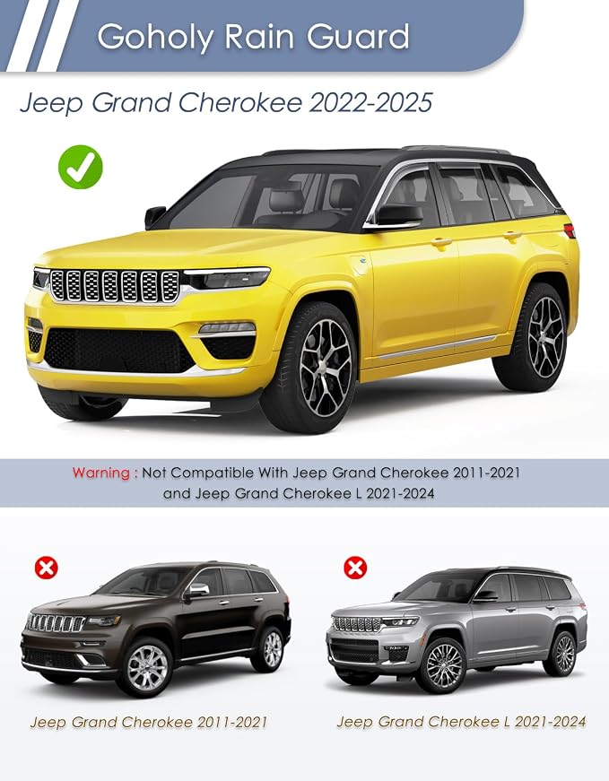 in-Channel Window Rain Guard for Fit for Jeep Grand Cherokee 5 Seats(Not for L 7 Seats) 2022-2025 Rain Guards Side Window Visors low profile Vent Visor Window Deflectors Vent Shades Accessories