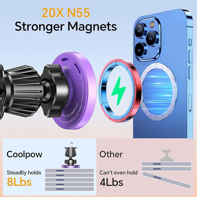 for MagSafe Car Mount Charger【Ultra Magnet】 Magnetic Phone Holders for Your Car Charger【Windshield+Vent+Dash】 Magnetic Wireless Car Phone Holder Charger Car Mount for iPhone 17 (Purple)