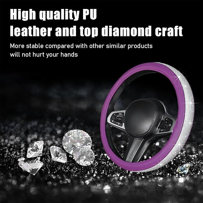 Steering Wheel Cover, Bling Crystal Rhinestones Auto Wheel Protector, Sparkly Cover Universal Fit Diverse 14.5-15 inch Steering Wheel, Interior Decor Car Accessories (White+Purple)
