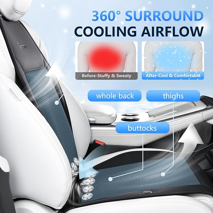 Cooling Car Seat Covers Blowing & Suction Ventilated Car Seat Cushion with 8 Turbo Fans 12V-24V 3-Speed Adjustable Car Seats Cooling Pad Universal Fit for Car SUV Truck Van Summer Driving