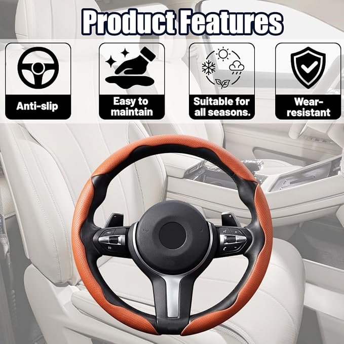 3PCS/Set Car Steering Wheel Cover, Leather Segmented Anti-Slip Automotive Wheel Protector, Soft Breathable Vehicle Steering Protection Covers, Universal Interior Accessories (Orange)