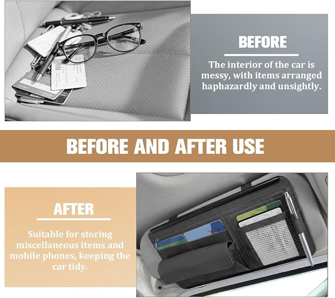 Car Sun Visor Organizer with Zipper Pocket, Multi-Pocket Vehicle Visor Storage Pouch with Card Sleeve, Eyeglasses Holder Box, Auto Interior Sunvisor Organizer Pocket, Universal Fit (Black)