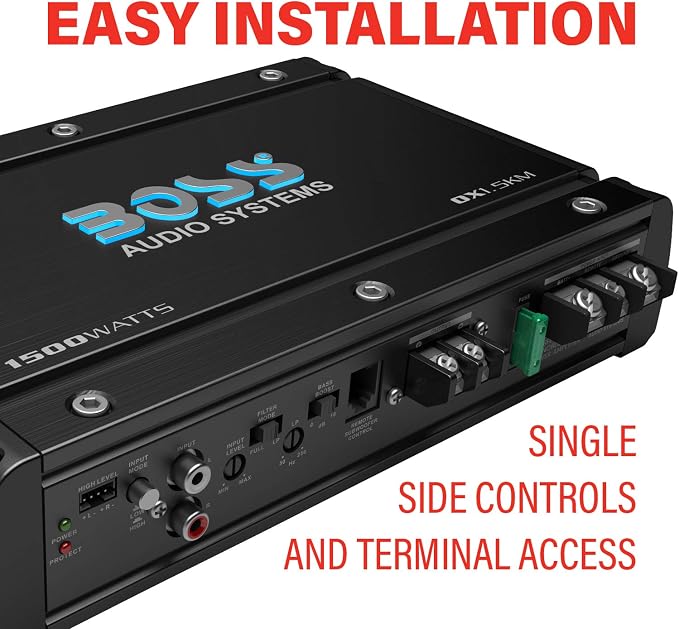 OX1.5KM Monoblock Car Amplifier – 1500 High Output, 2-8 Ohm Stable, Low/High Level Inputs, Low Pass Crossover, Bass for Subwoofer