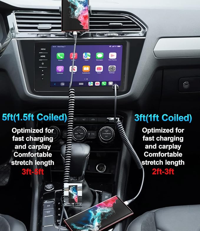 USB Type C Coiled Cable Fast Charging (3FT/5FT), 2Pack Android Auto Charging Cord for Car, Short USB A to USB C Charge Cable Compatible with iPhone 17/16/15/Pro Max/Samsung Galaxy S20 Note 10 and More