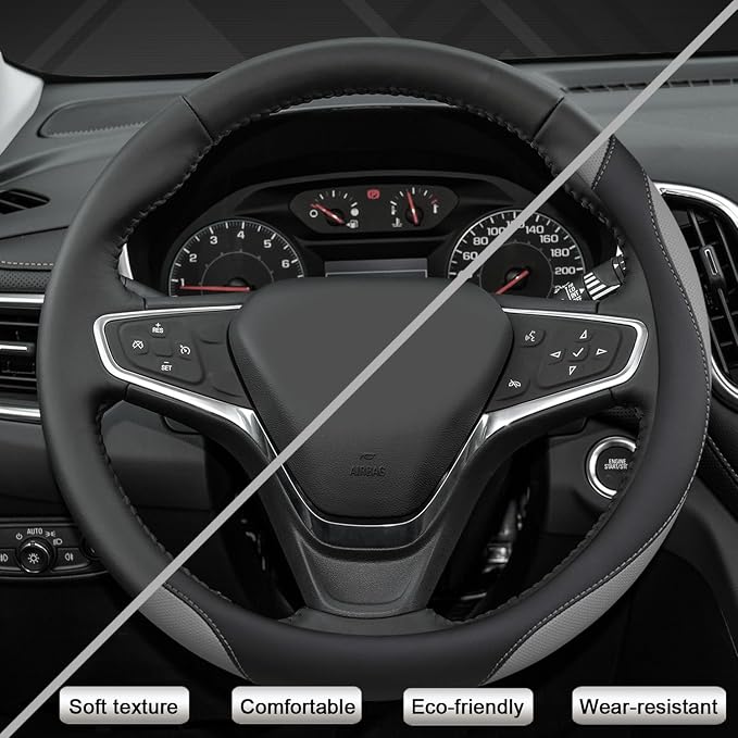 Customized Auto Car Steering Wheel Cover for Chevy Silverado,Tahoe,Equinox,Traverse,Trailblazer,Colorado(Black+Gray - Standard Size)