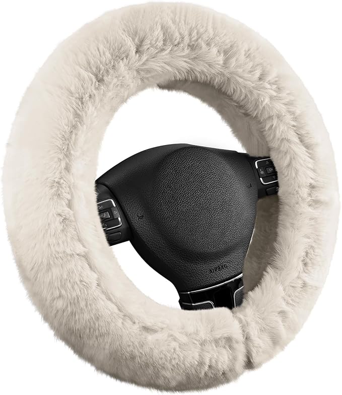 Steering Wheel Cover, Fluffy Car Wheel Covers for Women/Girls/Ladies，Soft Wool Fur Steering Wheel Protector, Universal 14 1/2 inches to 15 inches - White