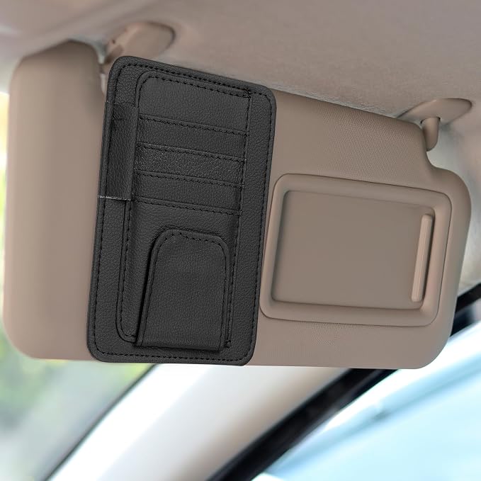 Car Sun Visor Organizer 6.02" x 4.76" Leather Multi-Pocket Visor Card Sleeve Pocket Car Truck SUV Interior Storage Pouch for Driving License Credit Cards Bills Sunglasses, Black