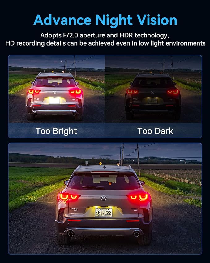 Dash Cam Front and Rear Inside 3 Channel, 4K+1080P Dash Camera for Cars | App Control, 2” IPS Screen, G-Sensor, Loop Recording, Night Vision, 170°Wide Angle, Parking Monitor
