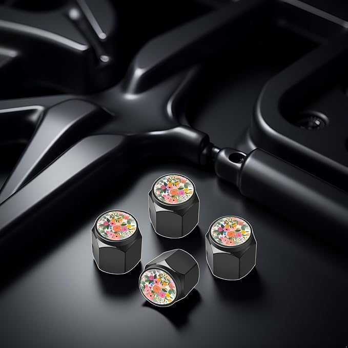 Tire Valve Stem Caps Cover,4 Pcs Metal Black Air Valve Cap, Aluminum Car Wheel Stem Caps,Universal Stem Covers for Cars,Trucks,Bikes,Bicycles, Motorcycles,Corrosion Resistant (Floral)