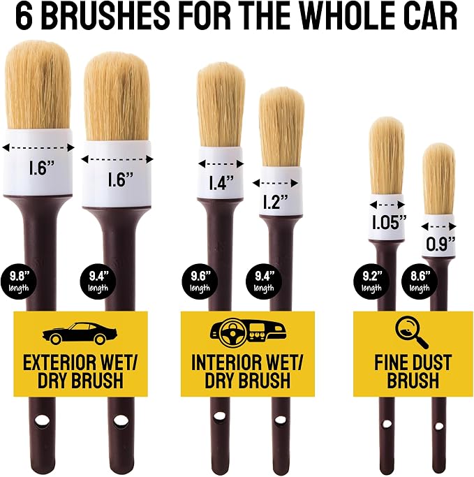 Car Detailing Brush Set 6-Pack, Interior and Exterior, | Scratch-Free Boars Hair - Exterior & Interior Cleaning Brushes - Safe for Leather, Piano Black Trim, Dashboards & Wheels