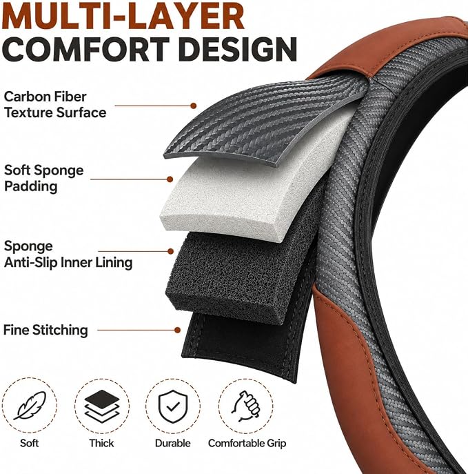 Car Steering Wheel Cover 15 inch, Microfiber PU Leather Elastic Steering Wheel Protector, Anti-Slip Breathable Car Interior Accessories for Most Cars (Coffee)
