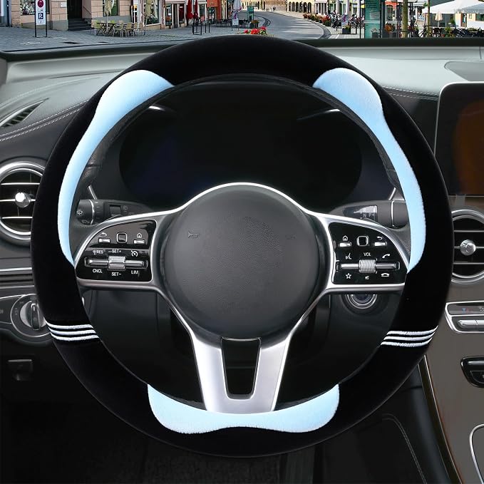 Furry Cute Soft Steering Wheel Cover 14 inch Black with Blue | Fluffy Short Plush Car Accessories, Non-Slip Cold-Proof Sweat-Proof Colorfast, Small 13.5 inch to 14 inch