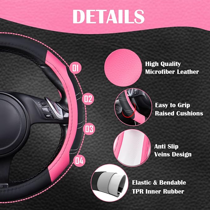 Line Rider Microfiber Leather Sporty 14.5-15 inch Steering Wheel Cover Universal Fits for 95% Truck,SUV,Cars, Anti-Slip Safety Comfortable Design (Black Pink)