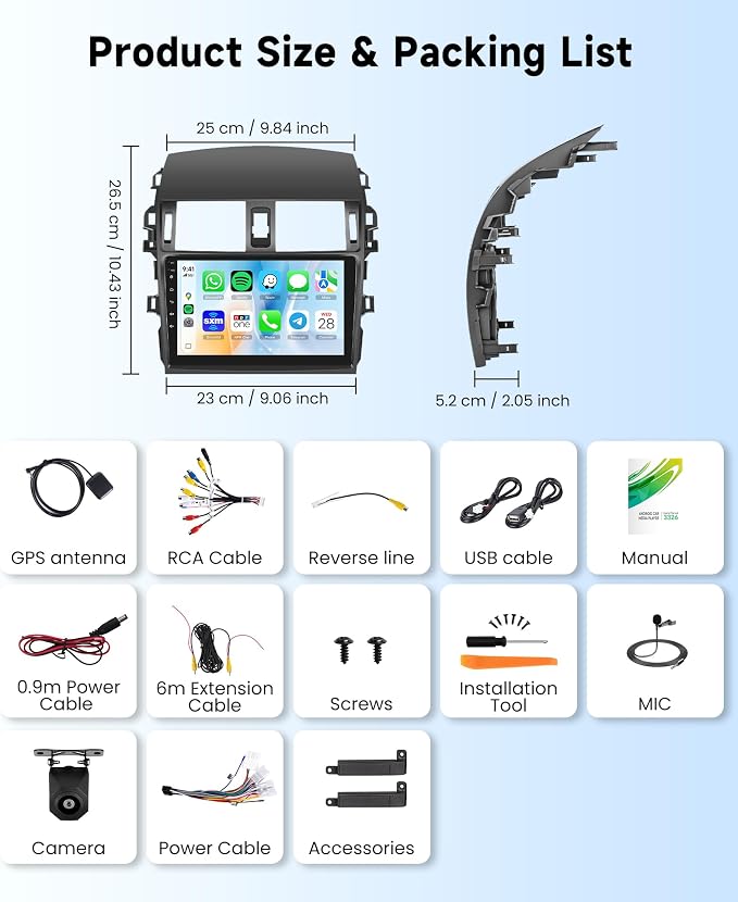Linux System Car Stereo for Toyota Corolla 2009-2013 Wireless Carplay & Android Auto, 9'' IPS Touchscreen Mirror Link YouTube Video Vi-Link Car Radio Bluetooth FM/RDS DSP SWC Backup Camera