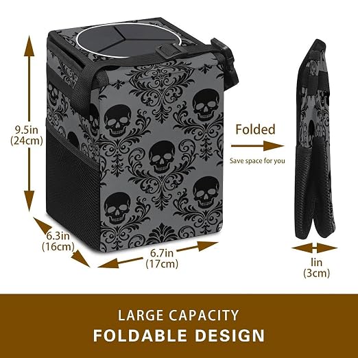 Gothic Skull Car Trash Can, Waterproof Portable Mini Garbage Bin, Lightweight No-Install Waste Basket for Car Office Home, Cute Multifunctional Car Interior Accessory