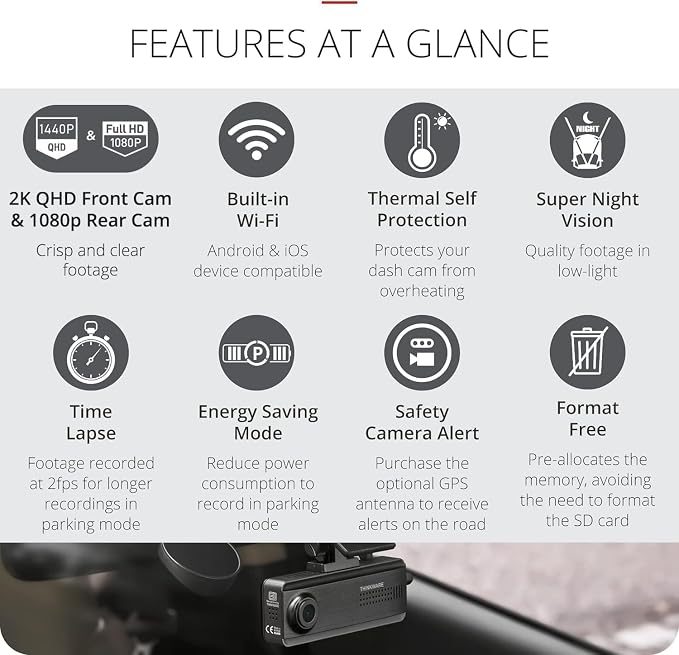 Q200 Dash Cam Front and Rear, WiFi, WDR, Speed Red Light Alerts, ADAS, 256GB Max, Parking Monitor, Night Vision (32GB MicroSD, 12V Cigar, Hardwiring Cable) (2CH Front & Rear)