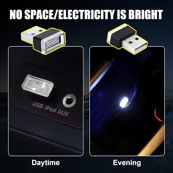 4 PCS USB LED Car Interior Atmosphere Lamp, Portable Mini LED Night Light, Plug-in USB Interface Trunk Ambient Lighting Kit, Universal Car Interior Accessories (White, Ice Blue)