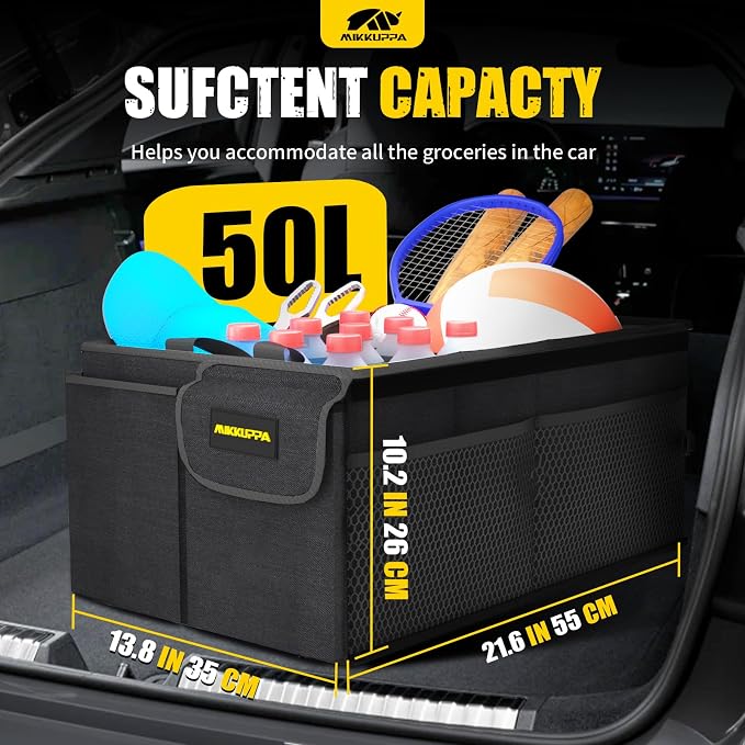 Car Trunk Organizer - 50L Collapsible Trunk Organizer, Sturdy Car Storage for SUV Auto Truck Van with Non Slip Bottom (Black)