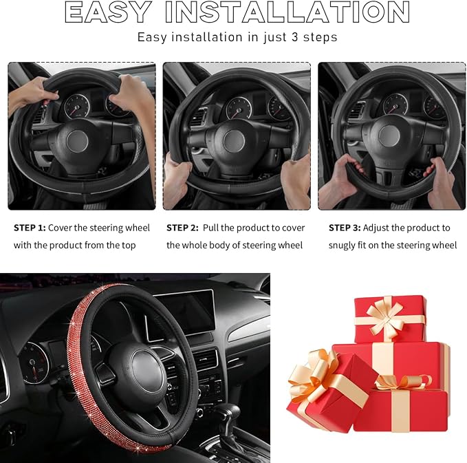 Steering Wheel Cover, Bling Crystal Rhinestones Auto Wheel Protector, Sparkly Cover Universal Fit Diverse 14.5-15 inch Steering Wheel, Interior Decor Car Accessories (Red)