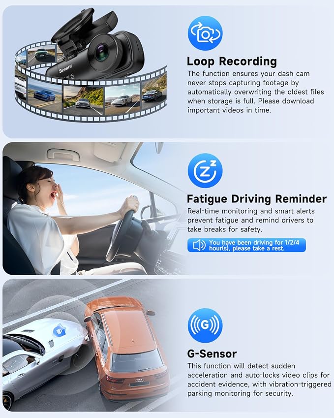 4K 3 Channel Dash Cam, Dash Cam Front and Rear C3, Free 64GB Card, 4K+1080P+1080P Dashcam, G-Sensor, WDR, APP, 5G WiFi, Night Vision, 24H Parking Monitor